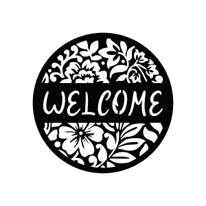 Circular wall sign made of black-painted steel with intricate laser-cut floral patterns. The word 'Welcome' is prominently displayed in the center, surrounded by delicate flower and leaf cutouts. The sign has a smooth, polished finish and is designed to hang on a wall.
